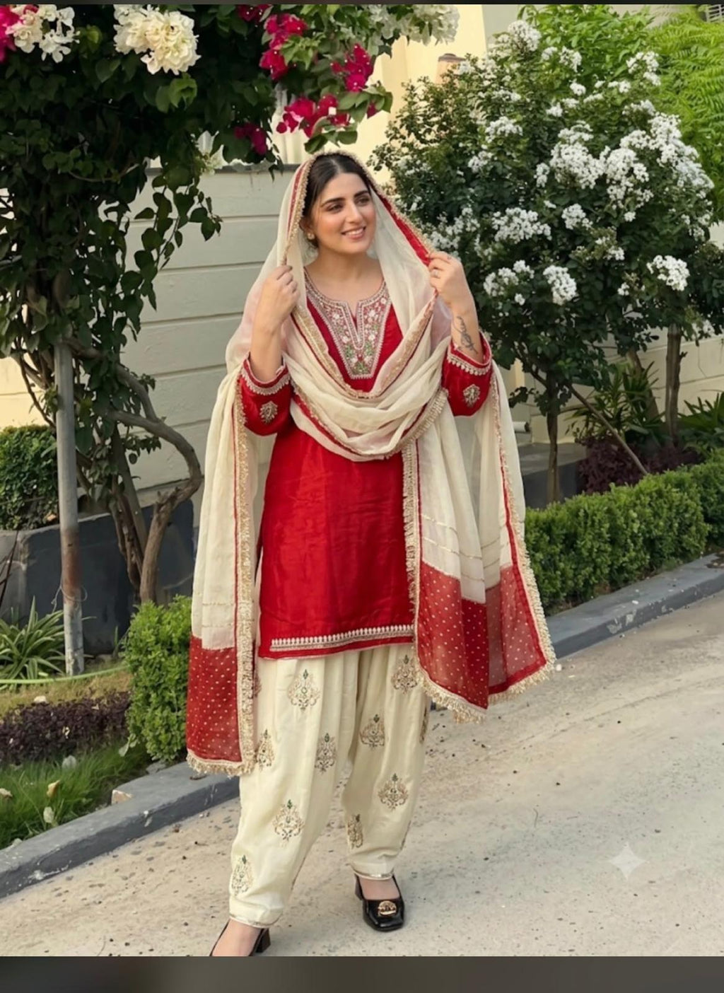 Creape suit with hand - work on neck , sleeves and ghera , cream salwar with beautiful hand work