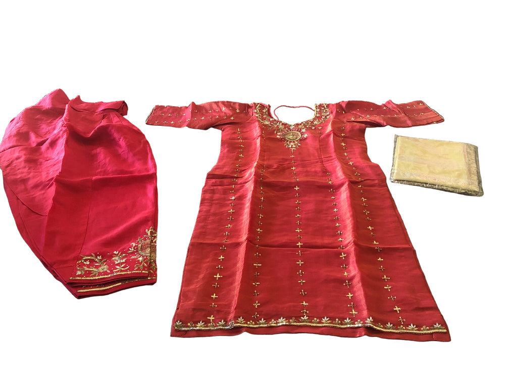 Beautiful shimmer fabric kameez and silk bottom  with organza contrast dupatta (fit to size 40 and 42 )