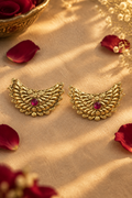 Crescent earrings on linen with rose petals