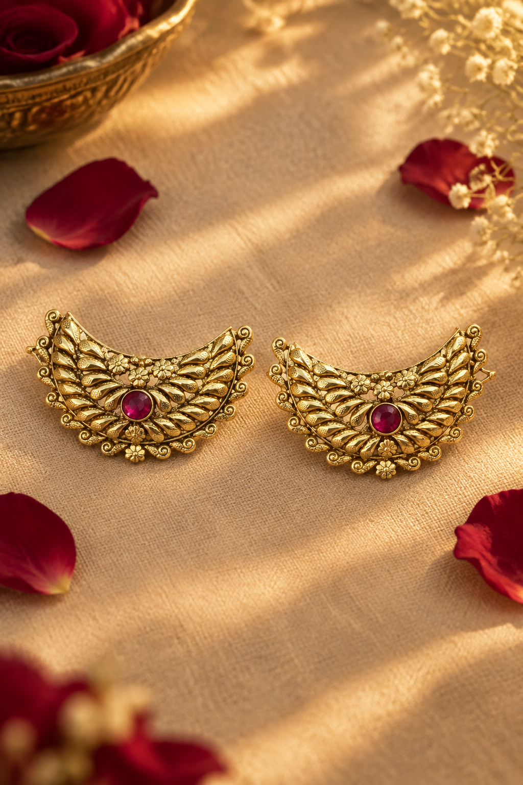 Crescent earrings on linen with rose petals