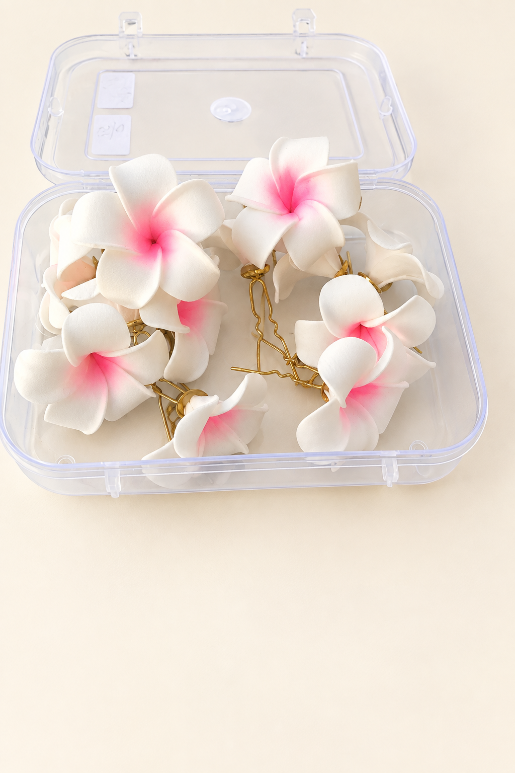 Flower accessories in a clear case on an ivory background