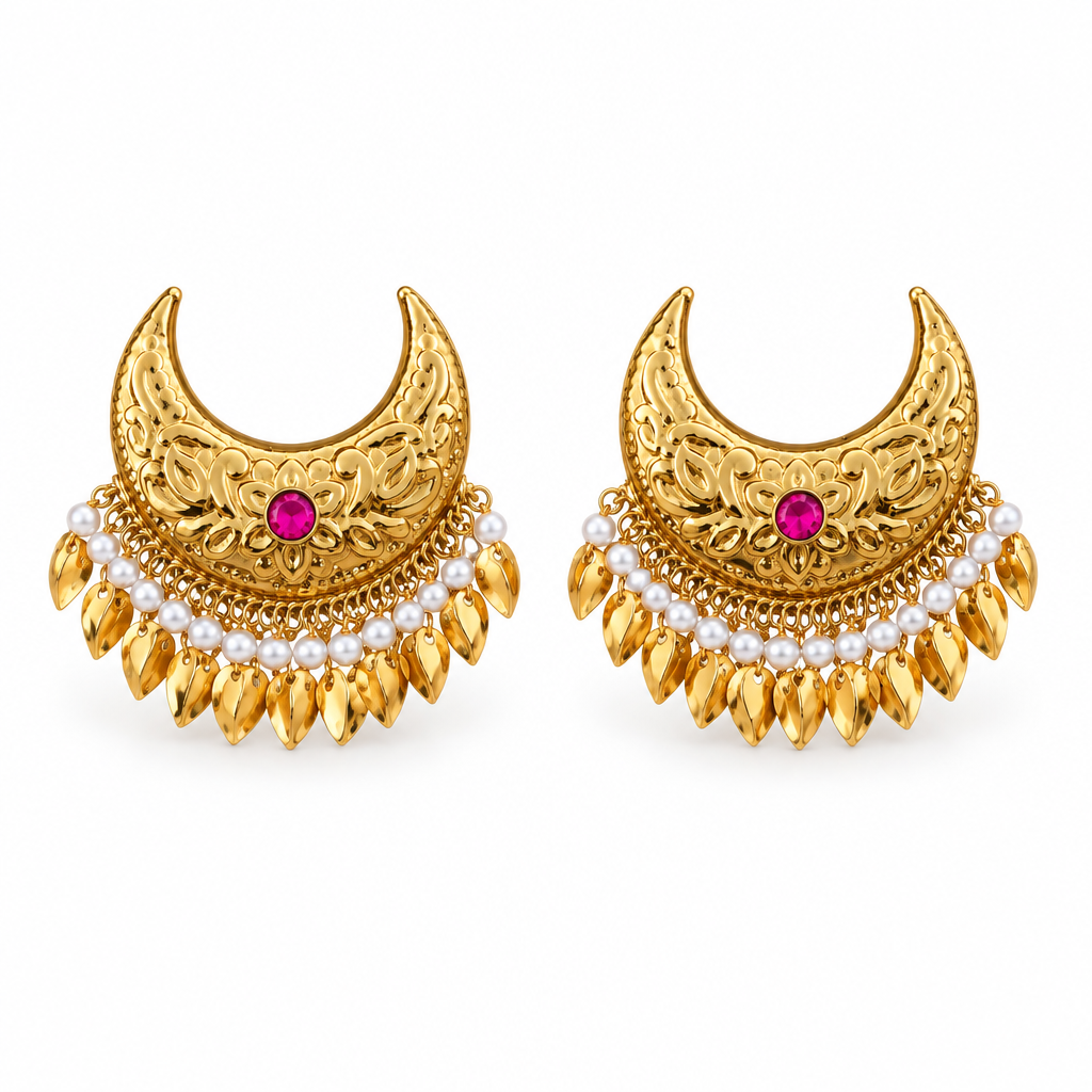Gold crescent earrings with pink stones and pearl fringe on a white background