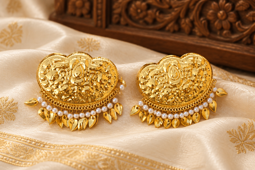 Gold earrings on ivory silk with traditional details
