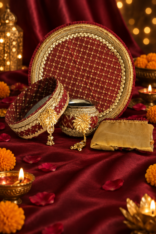 Karwa Chauth thali set on festive maroon background with diyas