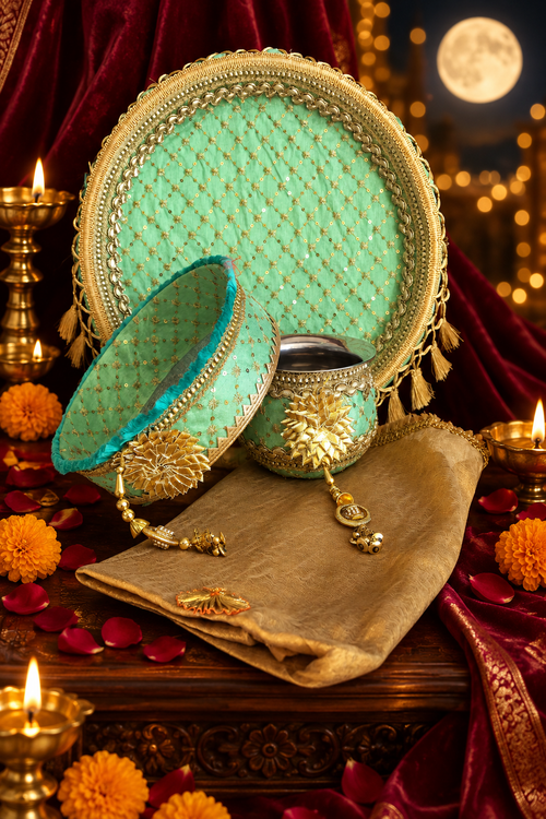 Mint green and gold Karwa Chauth thali set on deep maroon velvet with diyas
