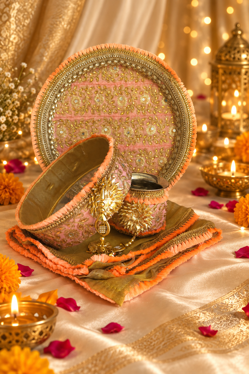 Peach and gold Karwa Chauth thali set on a festive ivory and champagne background