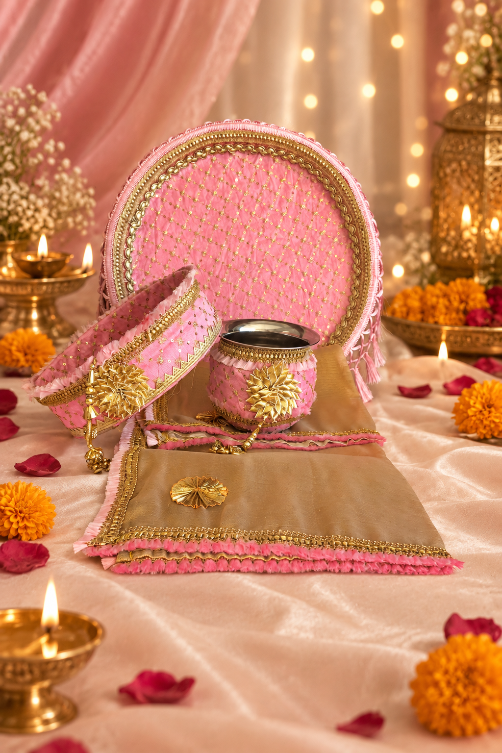 Pink Karwa Chauth thali set on a festive blush background