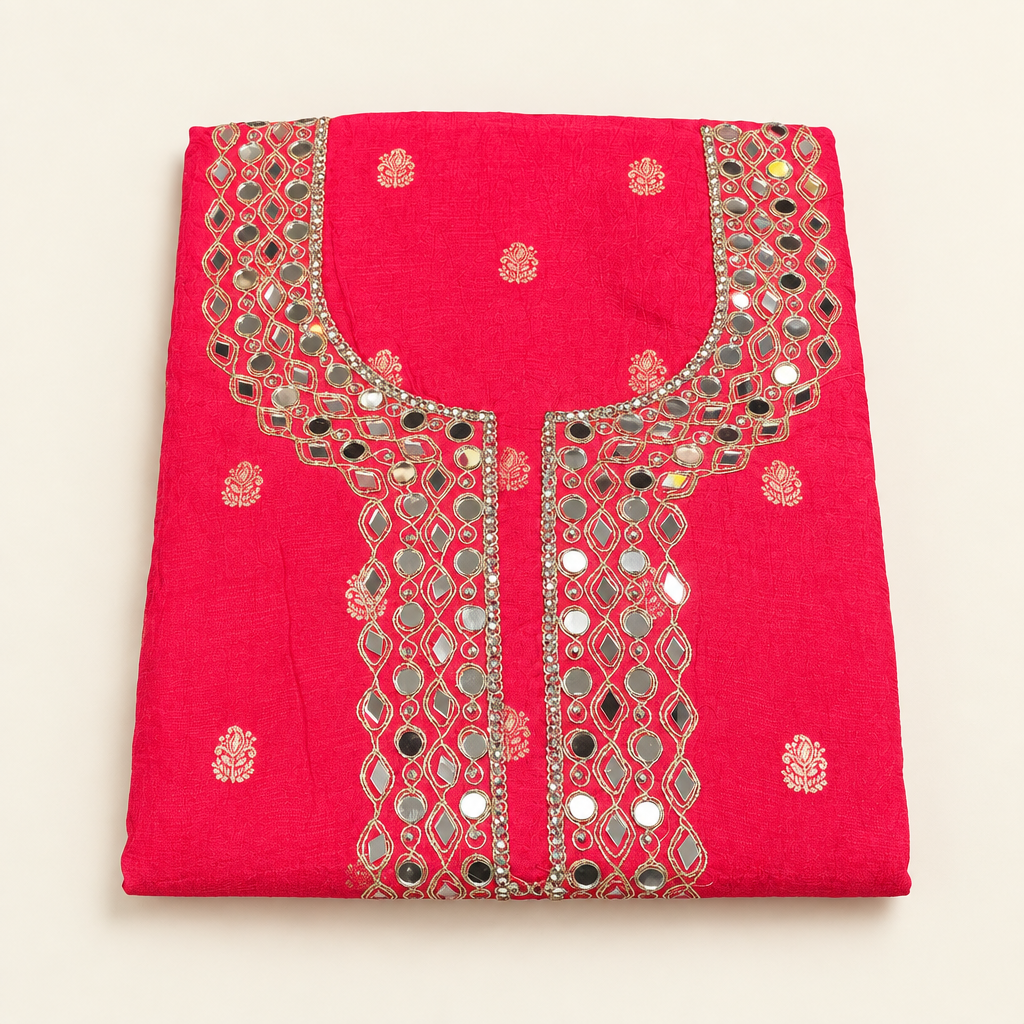 Pink-red embroidered suit on an ivory background