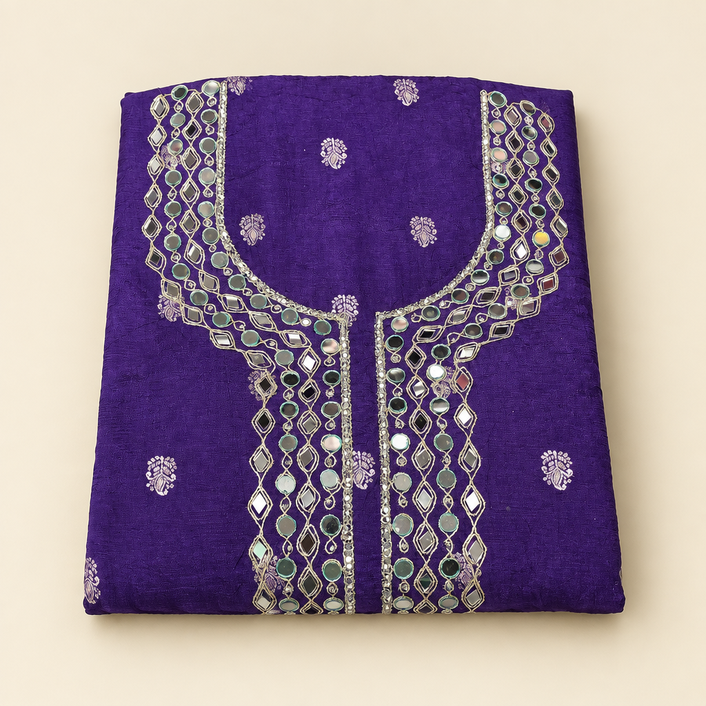 Purple embroidered suit on an ivory background