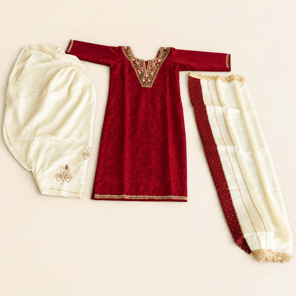 Red and cream outfit on an ivory background